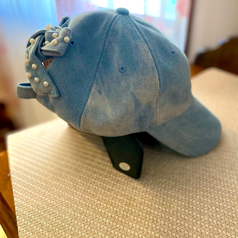 Blue Denim Hat with Pearl Bow tie - NWT; FREE bracelet & hair accessories :)